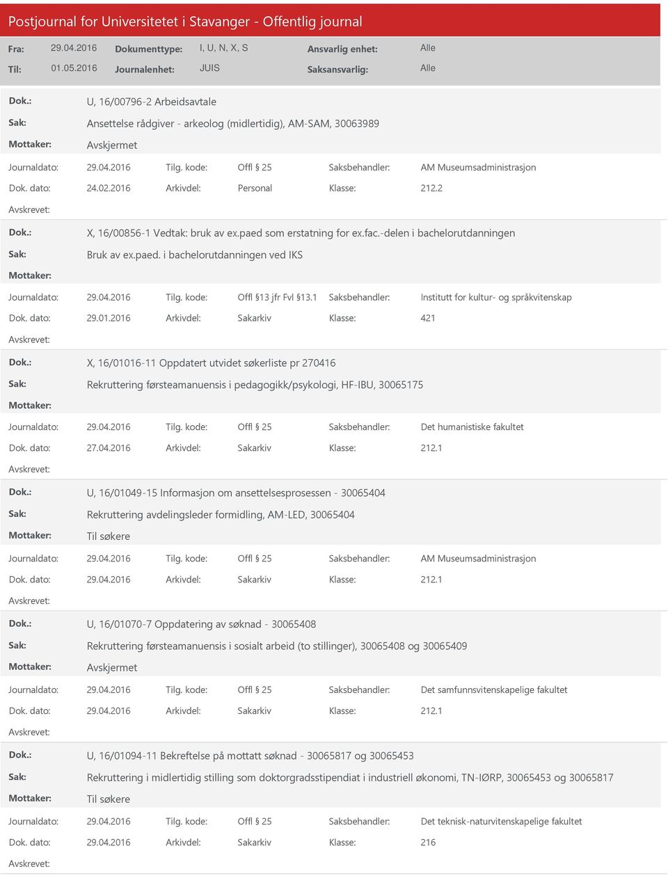 dato: 29.01.2016 Arkivdel: Sakarkiv 421 X, 16/01016-11 Oppdatert utvidet søkerliste pr 270416 Rekruttering førsteamanuensis i pedagogikk/psykologi, HF-IB, 30065175 Det humanistiske fakultet Dok.