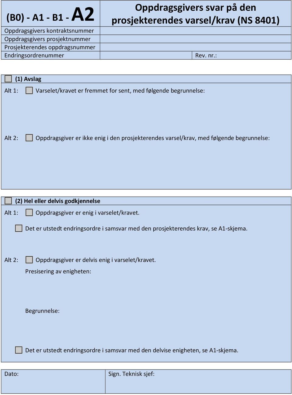 : (1) Avslag Alt 1: Varselet/kravet er fremmet for sent, med følgende begrunnelse: Alt 2: Oppdragsgiver er ikke enig i den prosjekterendes varsel/krav, med følgende begrunnelse: (2) Hel