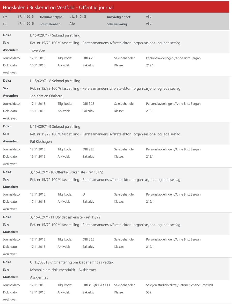 nr 15/72 100 % fast stilling - Førsteamanuensis/førstelektor i organisasjons- og ledelsesfag Pål Klethagen 212.1 X, 15/971-10 Offentlig søkerliste - ref 15/72 Ref.