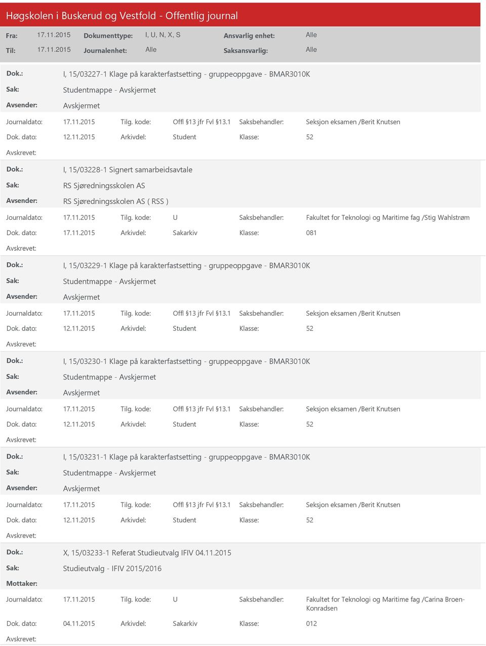 dato: Arkivdel: Sakarkiv 081 I, 15/03229-1 Klage på karakterfastsetting - gruppeoppgave - BMAR3010K Studentmappe - Seksjon eksamen /Berit Knutsen Dok. dato: 12.11.