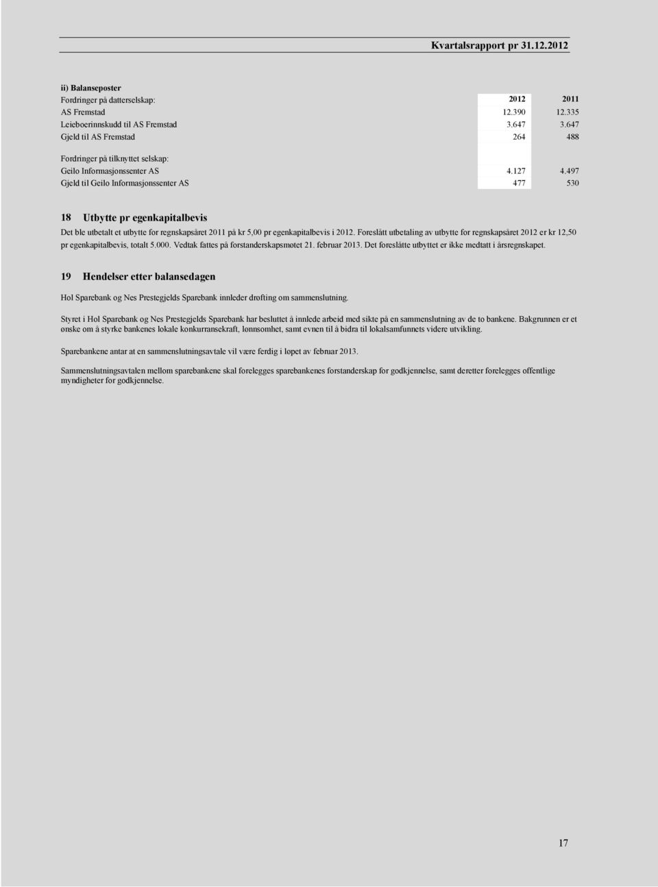 497 Gjeld til Geilo Informasjonssenter AS 477 530 18 Utbytte pr egenkapitalbevis Det ble utbetalt et utbytte for regnskapsåret 2011 på kr 5,00 pr egenkapitalbevis i 2012.