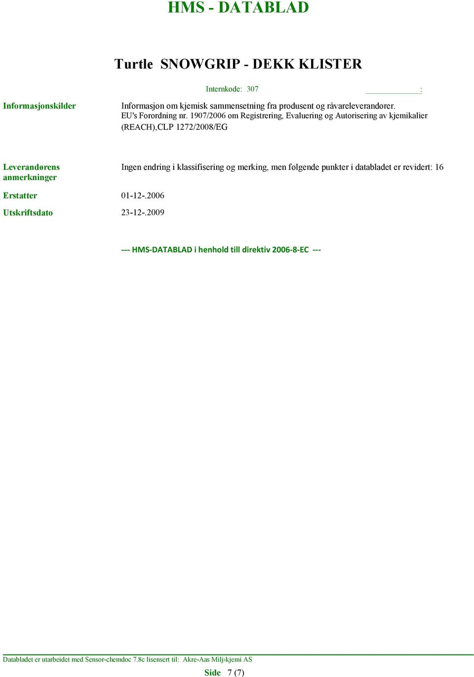 endring i klassifisering og merking, men følgende punkter i databladet er revidert: 16 Erstatter 01-12-.2006 Utskriftsdato 23-12-.