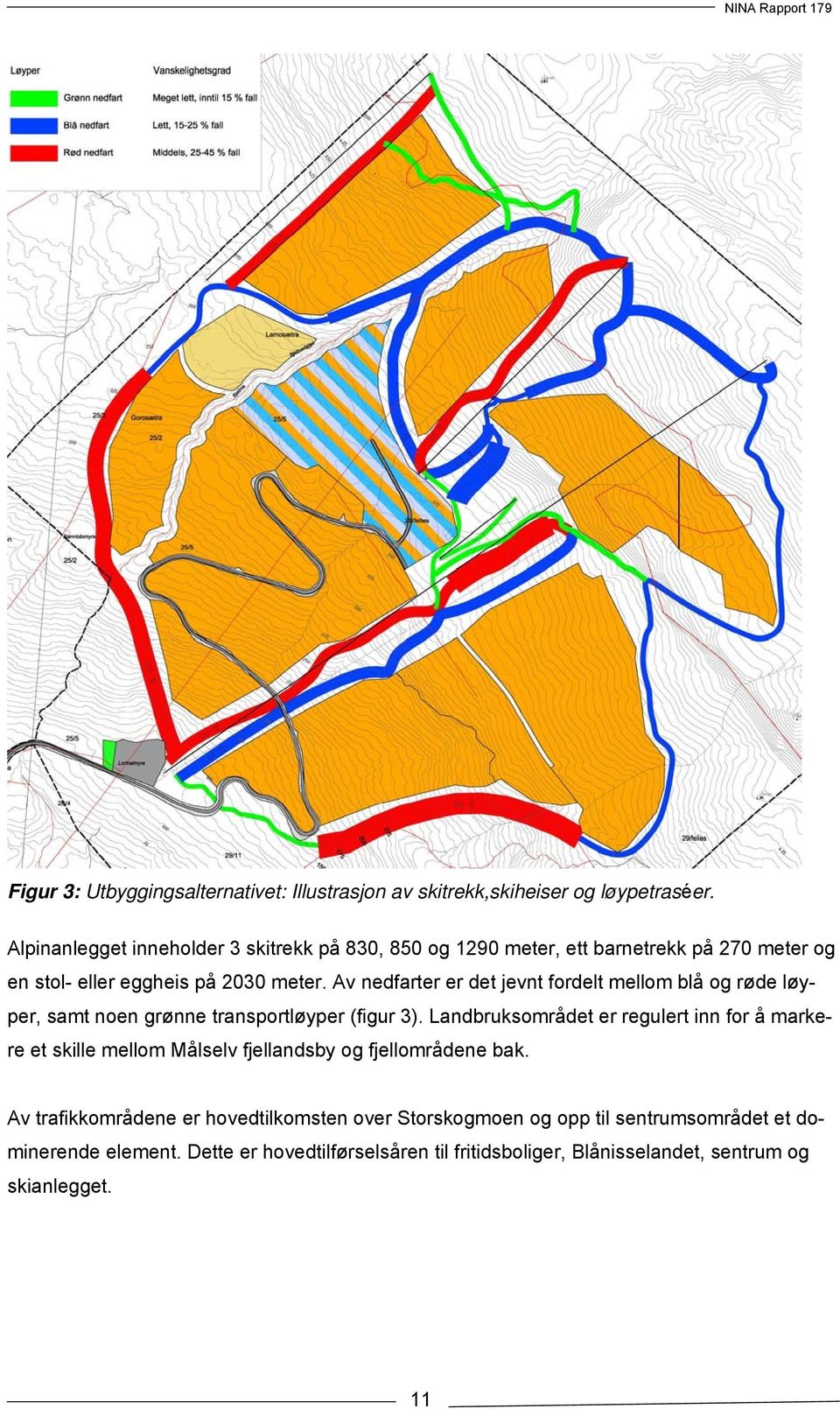 Av nedfarter er det jevnt fordelt mellom blå og røde løyper, samt noen grønne transportløyper (figur 3).