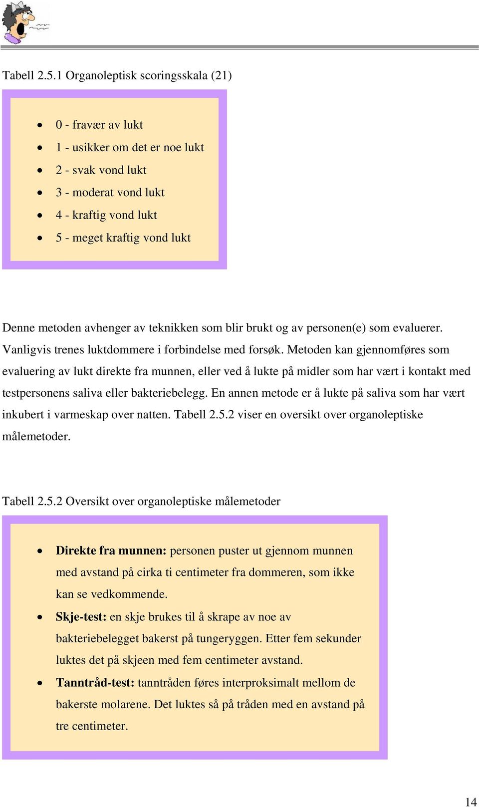 av teknikken som blir brukt og av personen(e) som evaluerer. Vanligvis trenes luktdommere i forbindelse med forsøk.