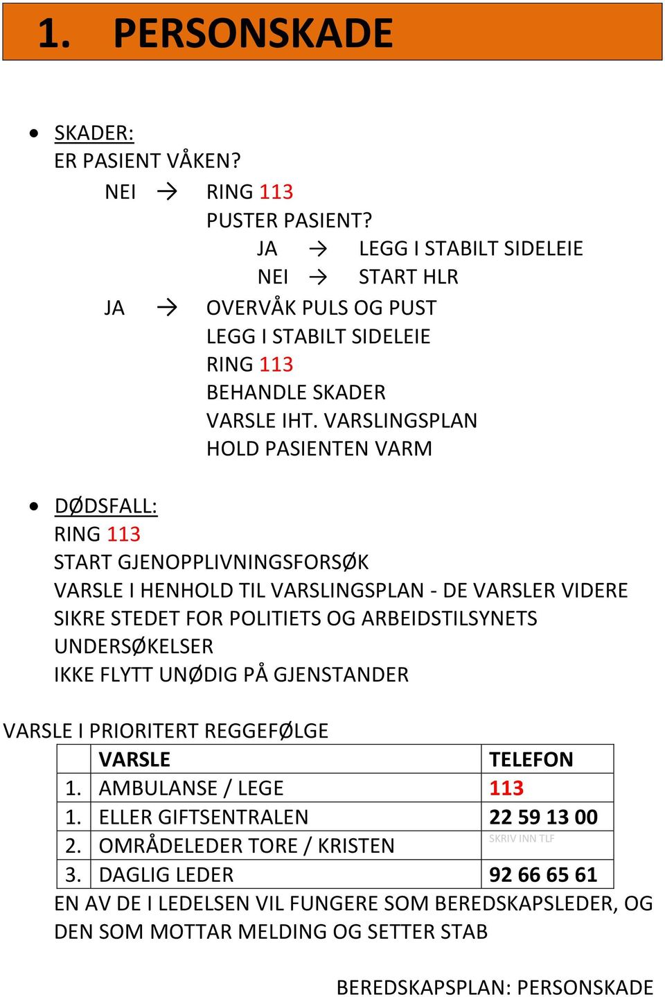 VARSLINGSPLAN HOLD PASIENTEN VARM DØDSFALL: RING 113 START GJENOPPLIVNINGSFORSØK VARSLE I HENHOLD TIL VARSLINGSPLAN - DE VARSLER VIDERE SIKRE STEDET FOR POLITIETS OG