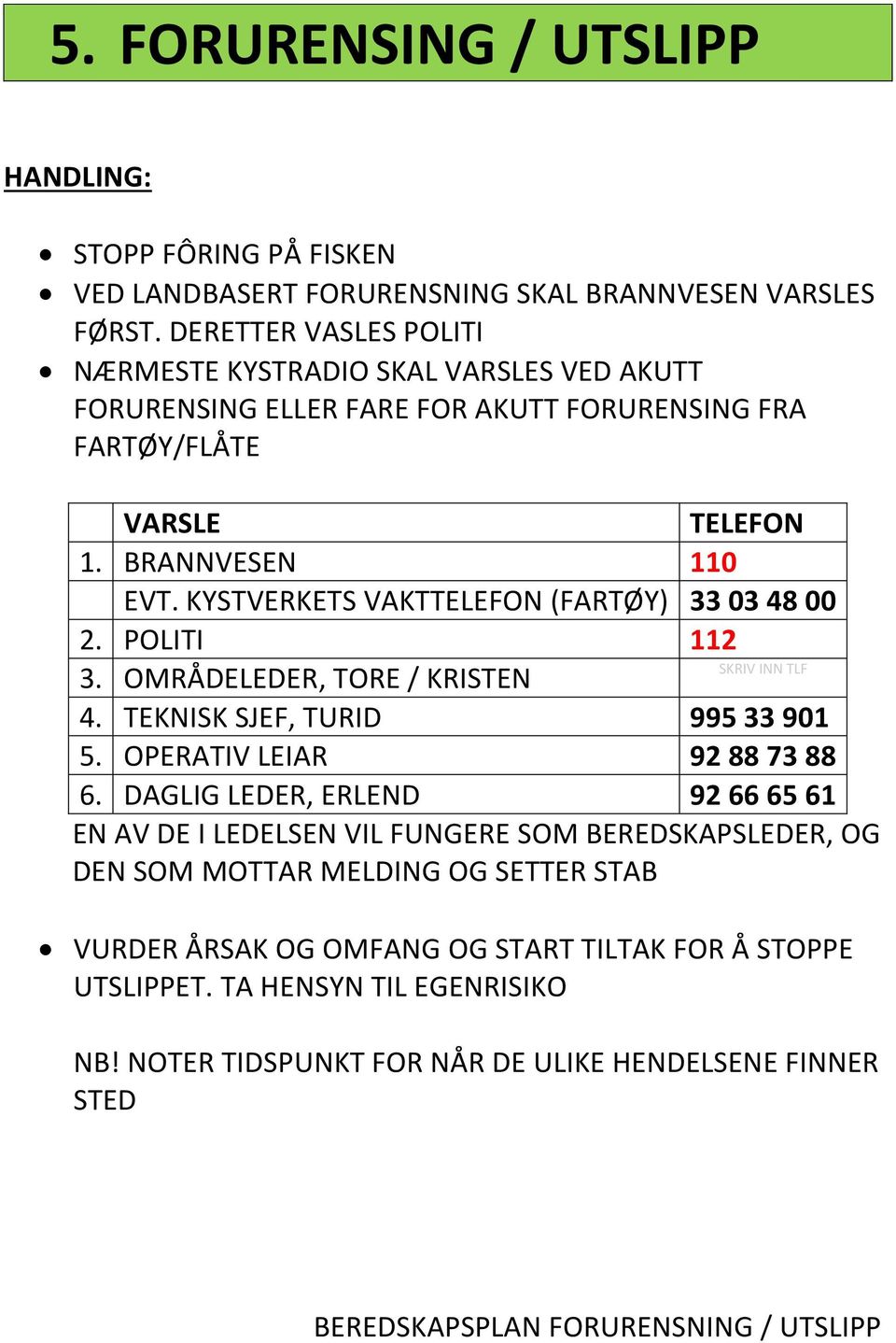 KYSTVERKETS VAKTTELEFON (FARTØY) 33 03 48 00 2. POLITI 112 3. OMRÅDELEDER, TORE / KRISTEN SKRIV INN TLF 4. TEKNISK SJEF, TURID 995 33 901 5. OPERATIV LEIAR 92 88 73 88 6.