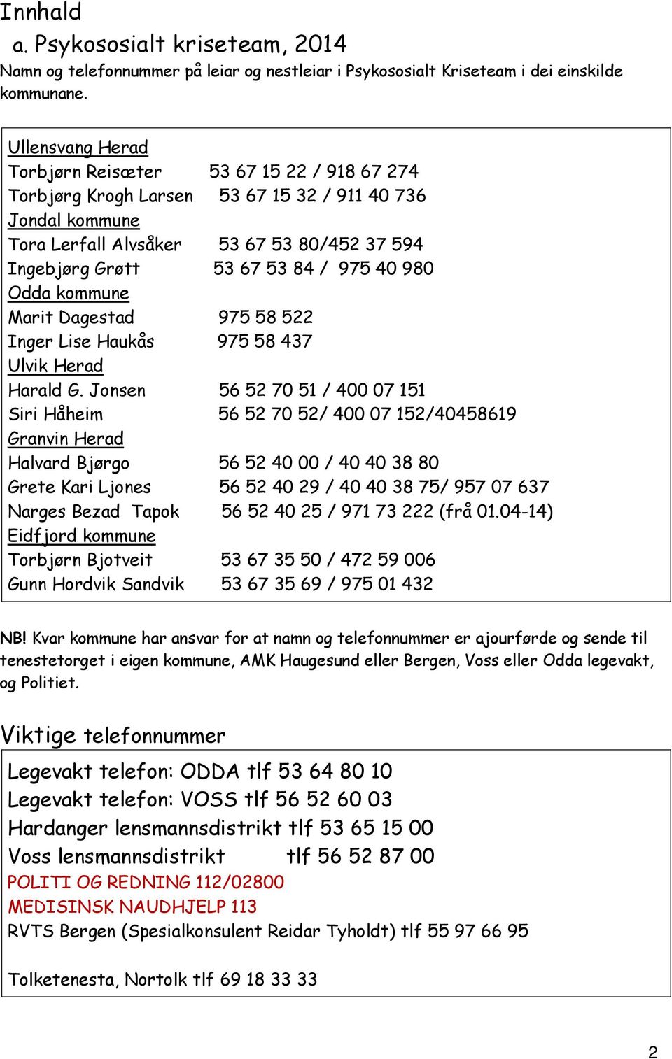 975 40 980 Odda kommune Marit Dagestad 975 58 522 Inger Lise Haukås 975 58 437 Ulvik Herad Harald G.