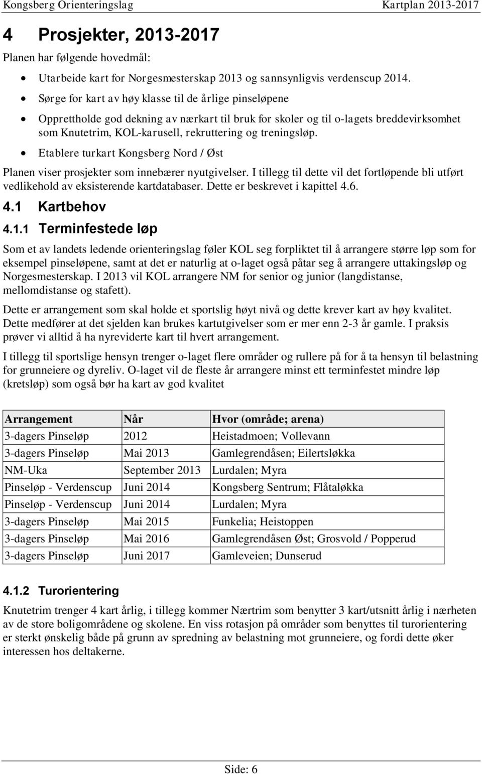 treningsløp. Etablere turkart Kongsberg Nord / Øst Planen viser prosjekter som innebærer nyutgivelser. I tillegg til dette vil det fortløpende bli utført vedlikehold av eksisterende kartdatabaser.