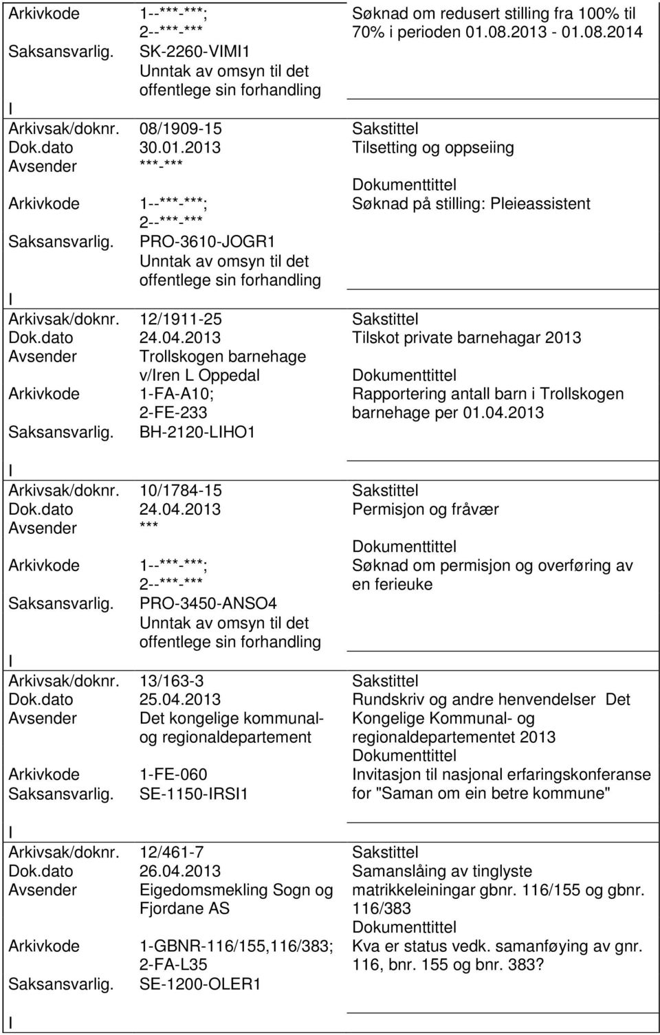 04.2013 Arkivsak/doknr. 10/1784-15 Sakstittel Dok.dato 24.04.2013 Permisjon og fråvær 1--***-***; PRO-3450-ANSO4 Søknad om permisjon og overføring av en ferieuke Arkivsak/doknr.