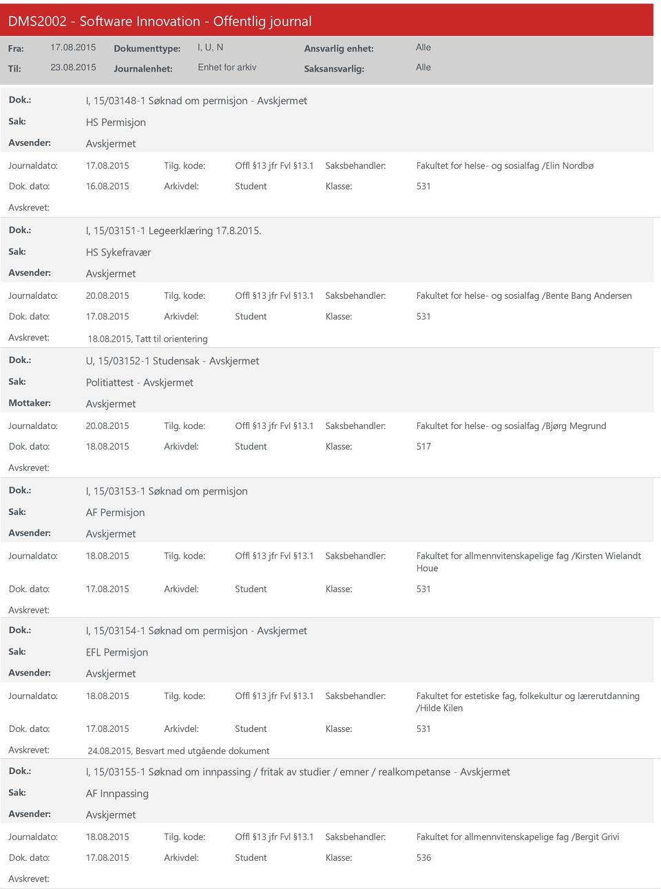 2015, Tatt til orientering, 15/03152-1 Studensak - Politiattest - Fakultet for helse- og sosialfag /Bjørg Megrund Dok. dato: 18.08.