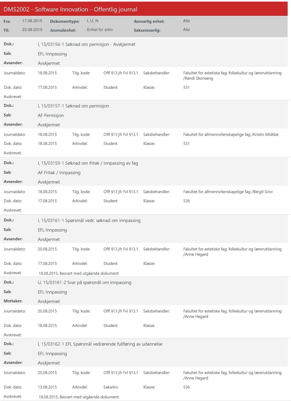 2015 Arkivdel: Student I, 15/03159-1 Søknad om fritak / innpassing av fag AF Fritak / Innpassing Fakultet for allmennvitenskapelige fag /Bergit Grivi Dok.