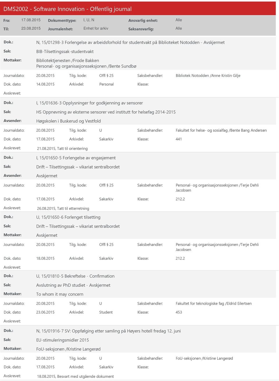 2015 Arkivdel: Personal I, 15/01636-3 Opplysninger for godkjenning av sensorer HS Oppnevning av eksterne sensorer ved institutt for helsefag 2014-2015 Høgskolen i Buskerud og Vestfold Fakultet for