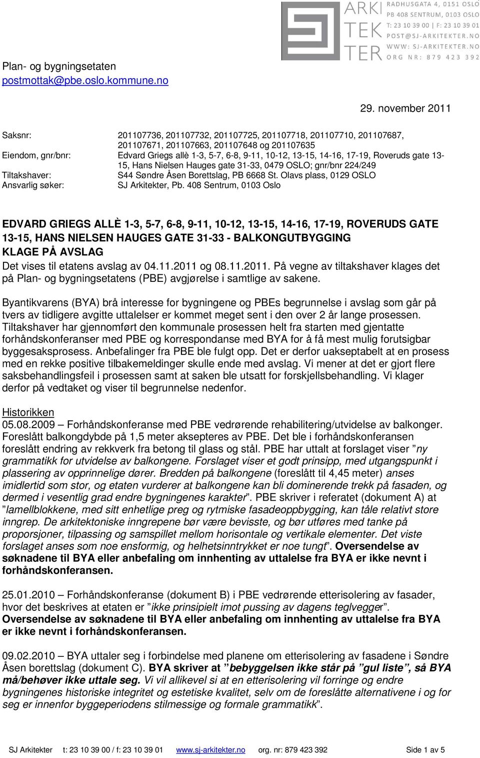 13-15, 14-16, 17-19, Roveruds gate 13-15, Hans Nielsen Hauges gate 31-33, 0479 OSLO; gnr/bnr 224/249 Tiltakshaver: S44 Søndre Åsen Borettslag, PB 6668 St.