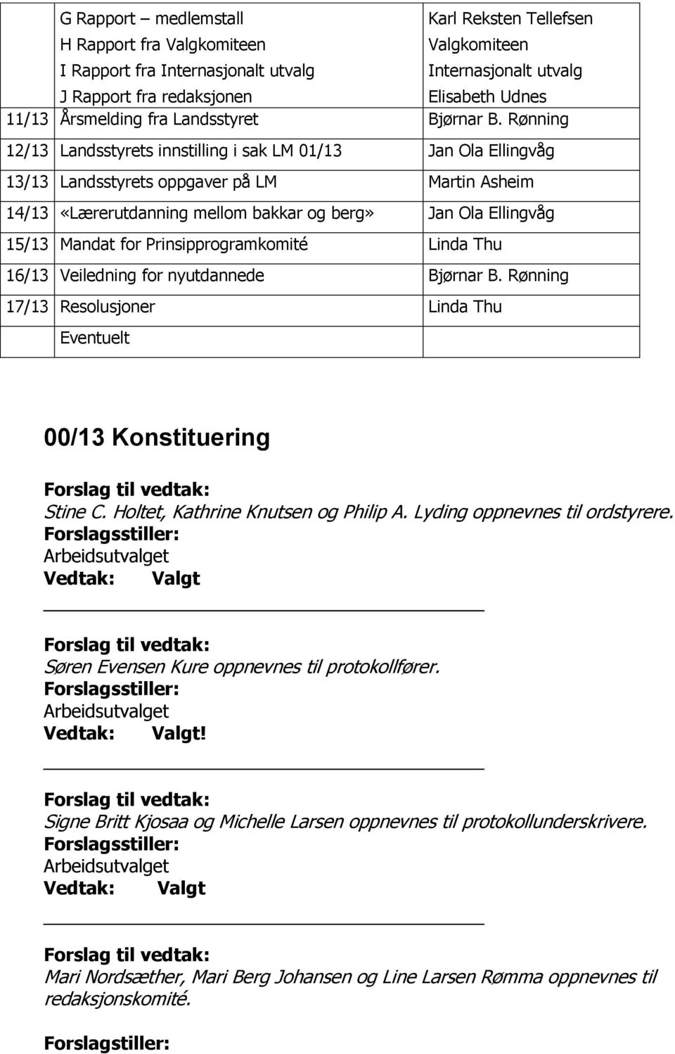 Rønning 12/13 Landsstyrets innstilling i sak LM 01/13 Jan Ola Ellingvåg 13/13 Landsstyrets oppgaver på LM Martin Asheim 14/13 «Lærerutdanning mellom bakkar og berg» Jan Ola Ellingvåg 15/13 Mandat for