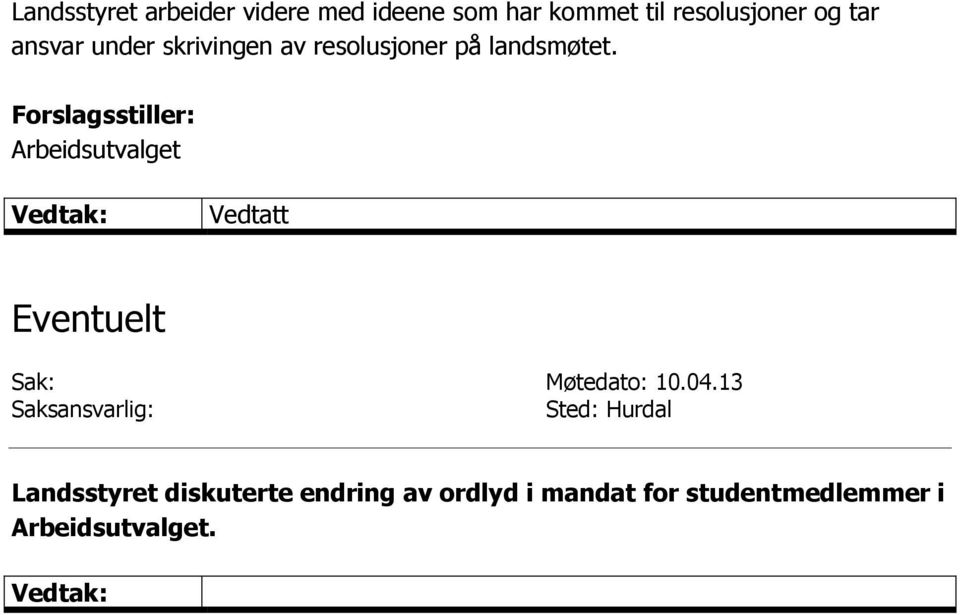 landsmøtet. Eventuelt Sak: Møtedato: 10.04.