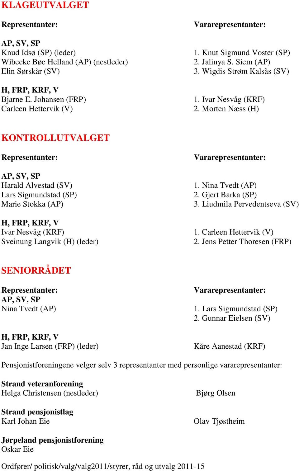 Nina Tvedt (AP) 2. Gjert Barka (SP) 3. Liudmila Pervedentseva (SV) 1. Carleen Hettervik (V) 2. Jens Petter Thoresen (FRP) SENIORRÅDET Nina Tvedt (AP) Jan Inge Larsen (FRP) (leder) 1.