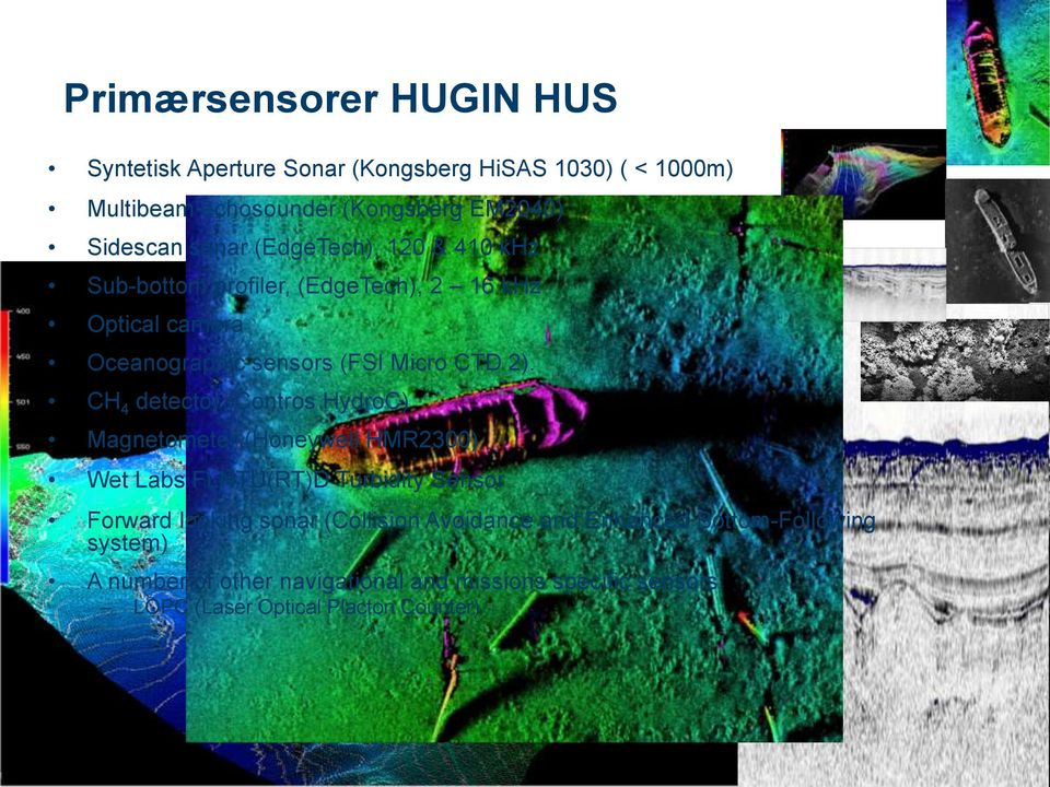 CH 4 detector (Contros HydroC) Magnetometer (Honeywell HMR2300) Wet Labs FLNTU(RT)D Turbidity Sensor Forward looking sonar (Collision