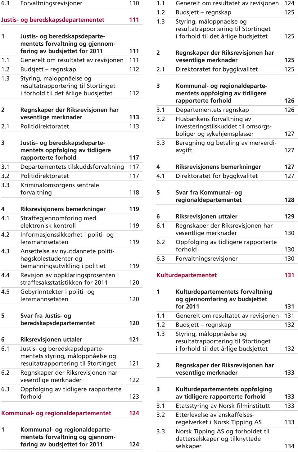 3 Styring, måloppnåelse og resultatrapportering til Stortinget i forhold til det årlige budsjettet 112 2 Regnskaper der Riksrevisjonen har vesentlige merknader 113 2.