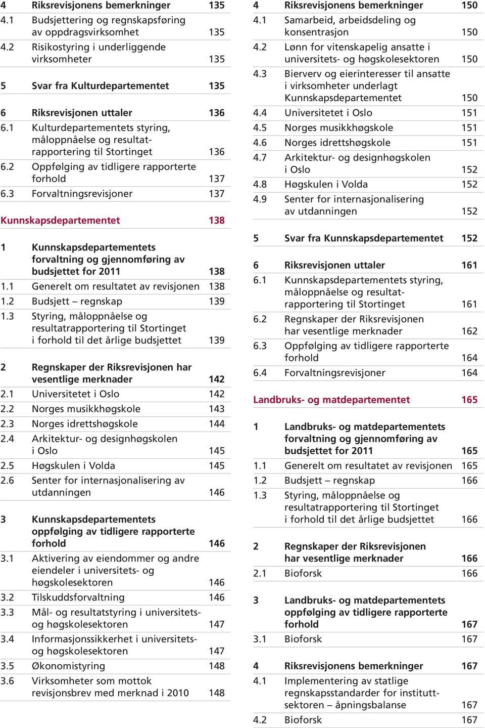 1 Kulturdepartementets styring, måloppnåelse og resultat - rapportering til Stortinget 136 6.2 Oppfølging av tidligere rapporterte forhold 137 6.