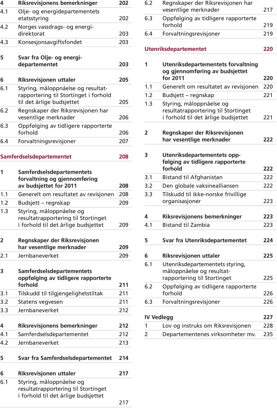 1 Styring, måloppnåelse og resultatrapportering til Stortinget i forhold til det årlige budsjettet 205 6.2 Regnskaper der Riksrevisjonen har vesentlige merknader 206 6.