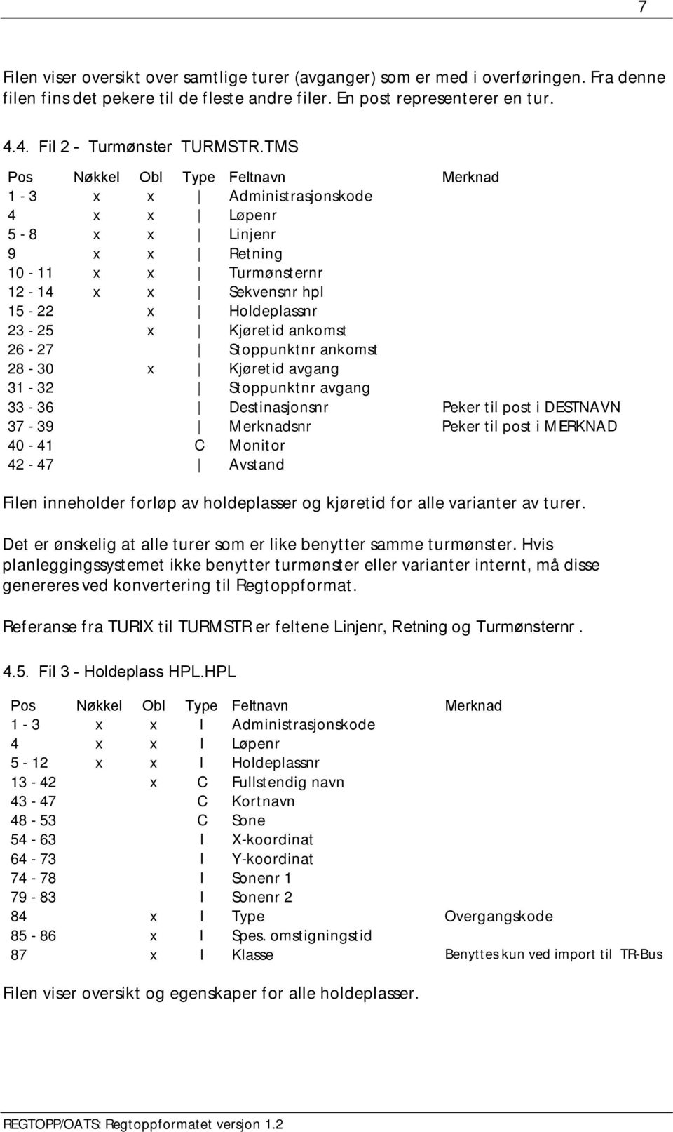 Stoppunktnr ankomst 28-30 x Kjøretid avgang 31-32 Stoppunktnr avgang 33-36 Destinasjonsnr Peker til post i DESTNAVN 37-39 Merknadsnr Peker til post i MERKNAD 40-41 C Monitor 42-47 Avstand Filen