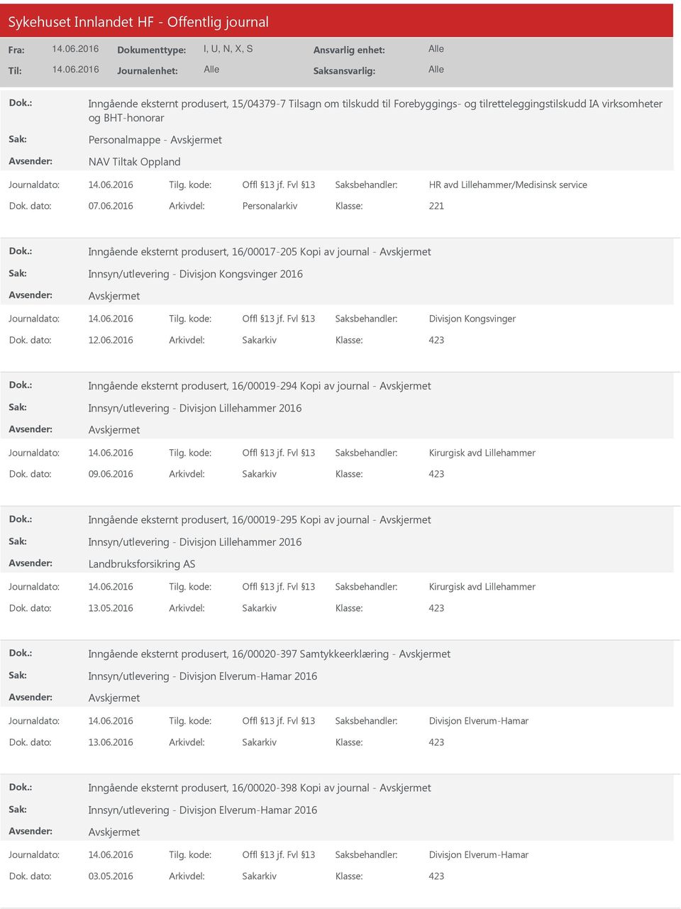 2016 Arkivdel: Personalarkiv Inngående eksternt produsert, 16/00017-205 Kopi av journal - Innsyn/utlevering - Divisjon Kongsvinger 2016 Divisjon Kongsvinger Dok. dato: 12.06.