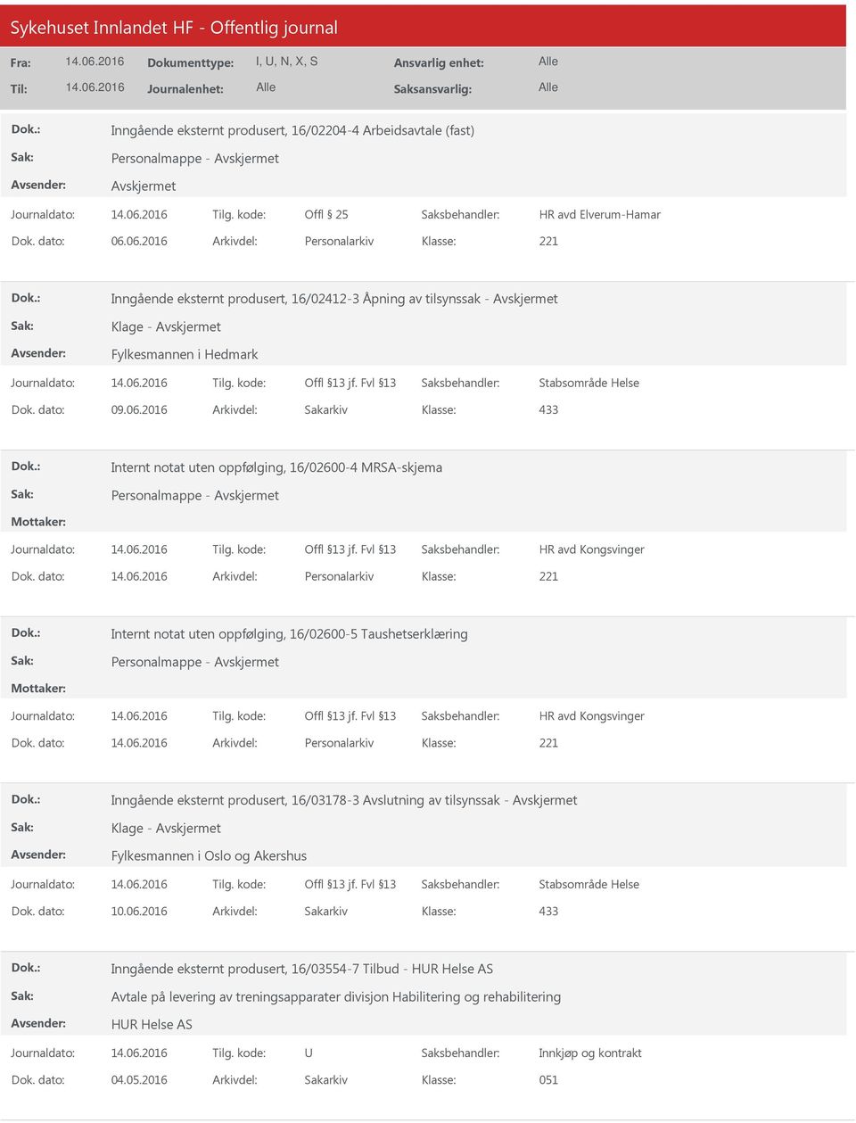 MRSA-skjema Personalmappe - HR avd Kongsvinger Dok. dato: Arkivdel: Personalarkiv Internt notat uten oppfølging, 16/02600-5 Taushetserklæring Personalmappe - HR avd Kongsvinger Dok.