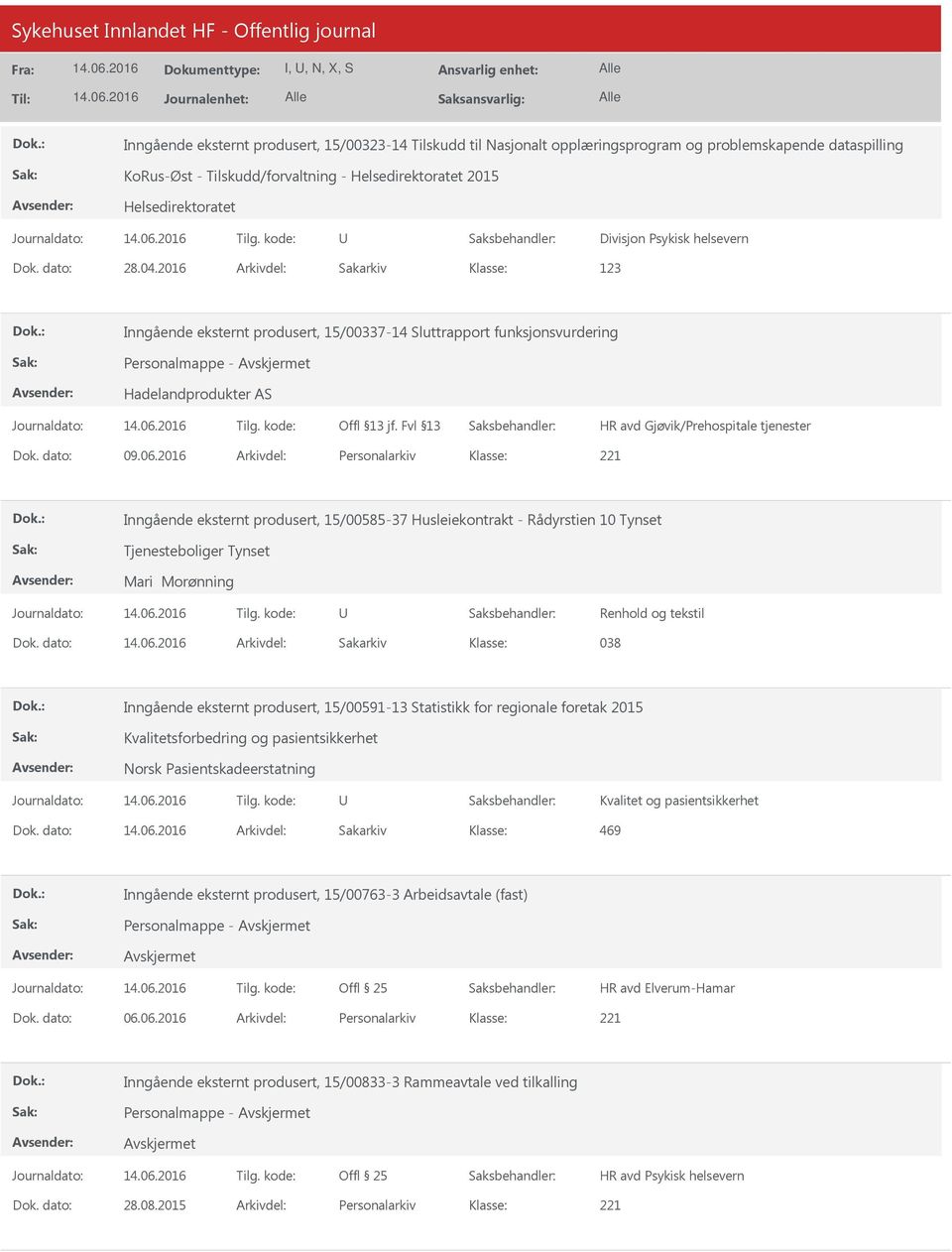 2016 Arkivdel: Sakarkiv 123 Inngående eksternt produsert, 15/00337-14 Sluttrapport funksjonsvurdering Personalmappe - Hadelandprodukter AS HR avd Gjøvik/Prehospitale tjenester Dok. dato: 09.06.