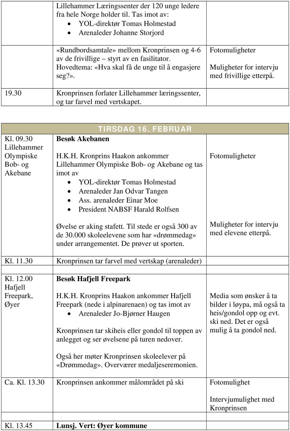 12.00 Hafjell Freepark, Øyer TIRSDAG 16. FEBRUAR Besøk Akebanen H.K.H. Kronprins Haakon ankommer Olympiske Bob- og Akebane og tas imot av Arenaleder Jan Odvar Tangen Ass.