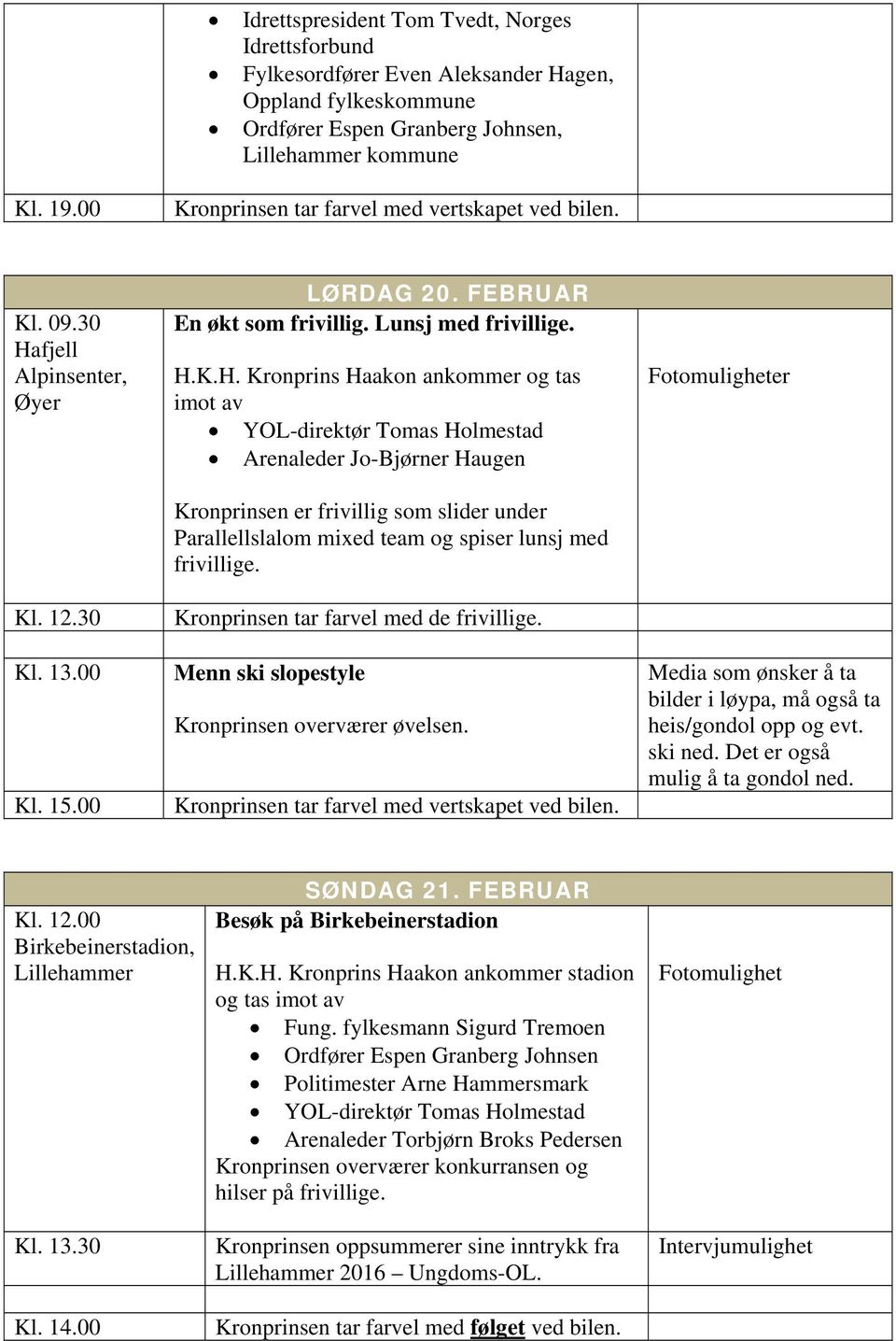 fjell Alpinsenter, Øyer Kl. 12.30 Kl. 13.00 Kl. 15.00 LØRDAG 20. FEBRUAR En økt som frivillig. Lunsj med frivillige. H.