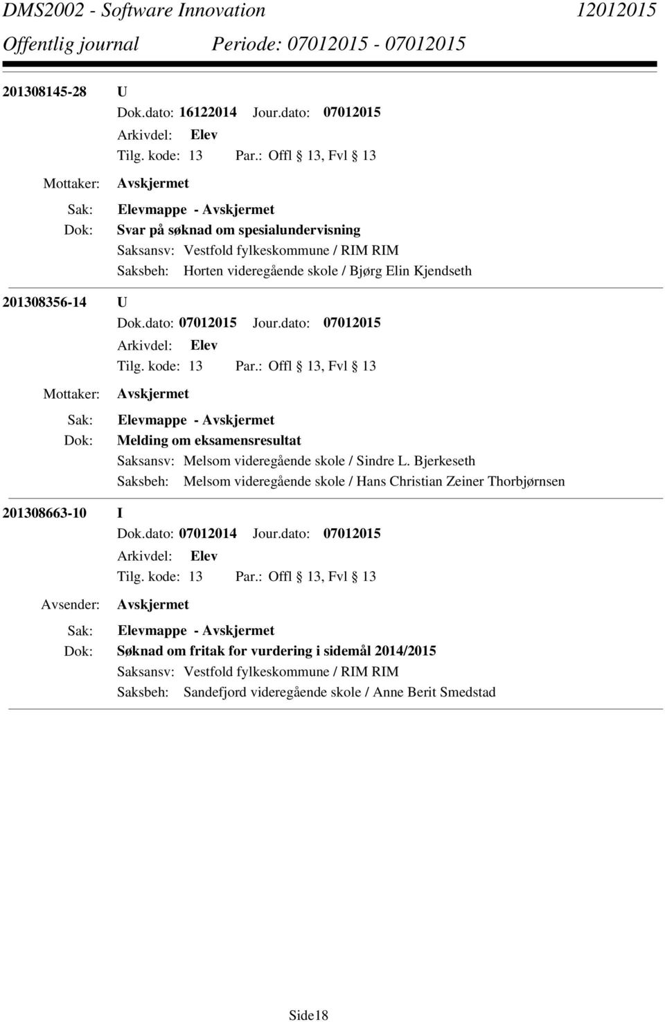 201308356-14 U Elevmappe - Melding om eksamensresultat Saksansv: Melsom videregående skole / Sindre L.