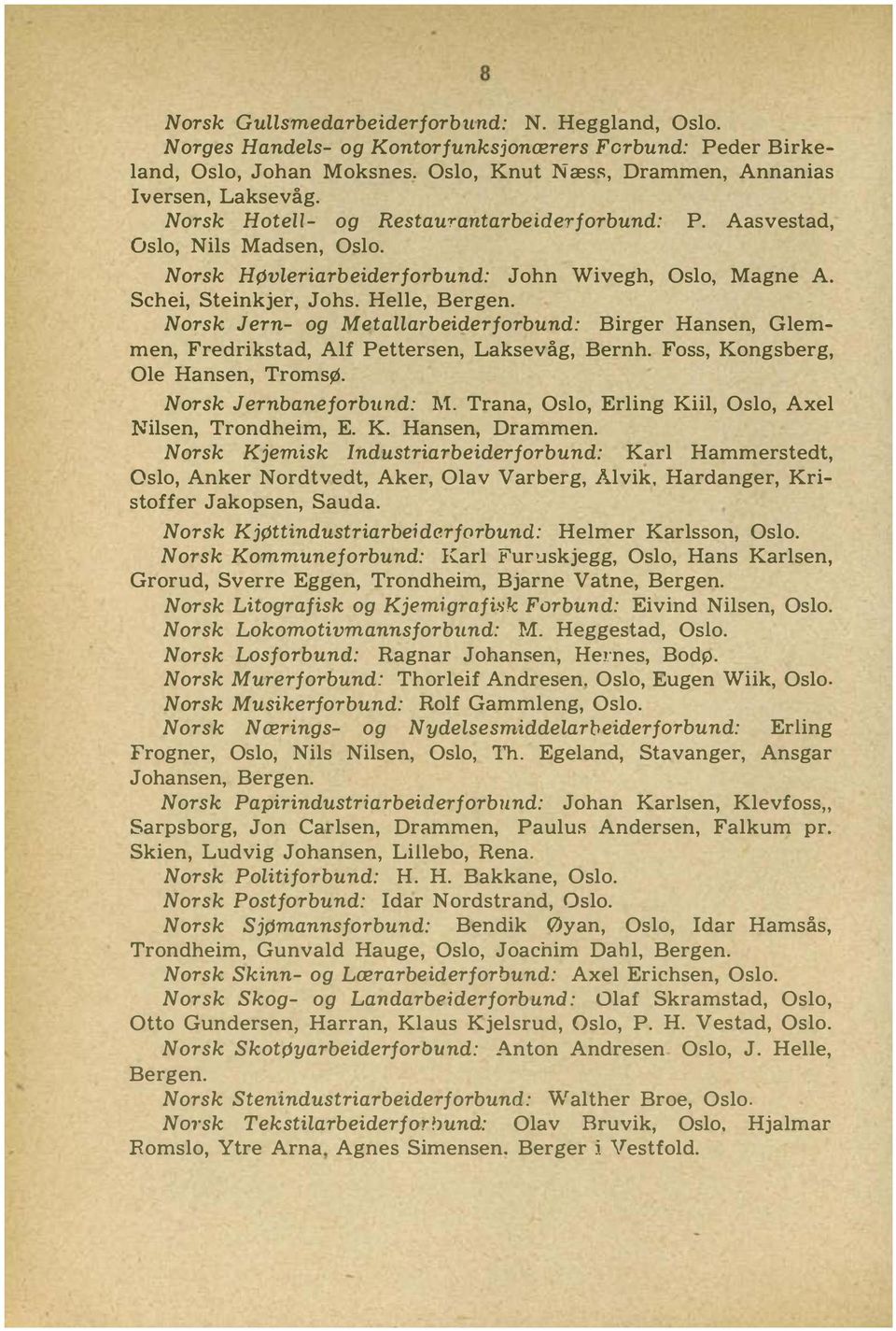 Norsk Jern og Metallarbeiderforbund: Birger Hansen, Glemmen, Fredrikstad, Alf Pettersen, Laksevåg, Bernh. Foss, Kongsberg, Ole Hansen, TromsØ. Norsk Jernbaneforbund: M.