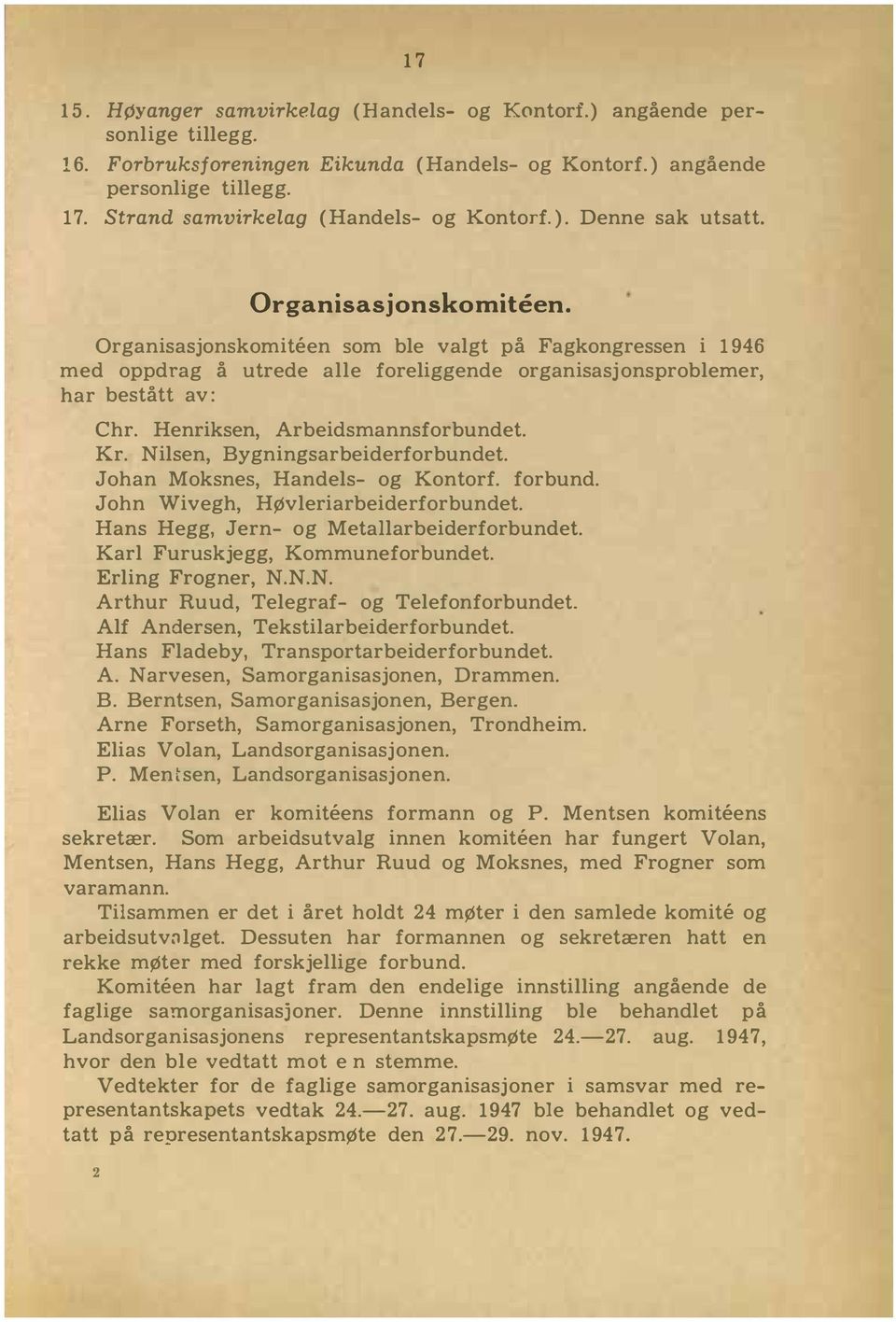 Henriksen, Arbeidsmannsforbundet. Kr. Nilsen, Bygningsarbeiderforbundet. Johan Moksnes, Handels og Kontorf. forbund. John Wivegh, HØvleriarbeiderforbundet. Hans Hegg, Jern og Metallarbeiderforbundet.