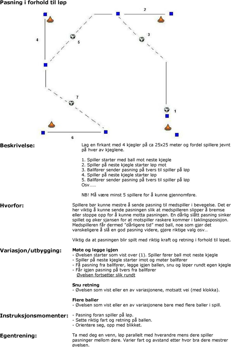 Må være minst 5 spillere for å kunne gjennomføre. Spillere bør kunne mestre å sende pasning til medspiller i bevegelse.