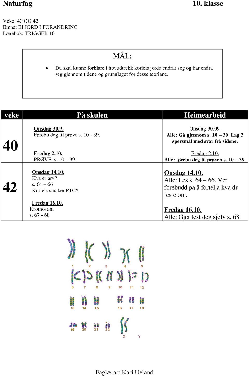 Fredag 16.10. Kromosom s. 67-68 Onsdag 30.09. Alle: Gå gjennom s. 10 30. Lag 3 spørsmål med svar frå sidene. Fredag 2.10. Alle: førebu deg til prøven s.