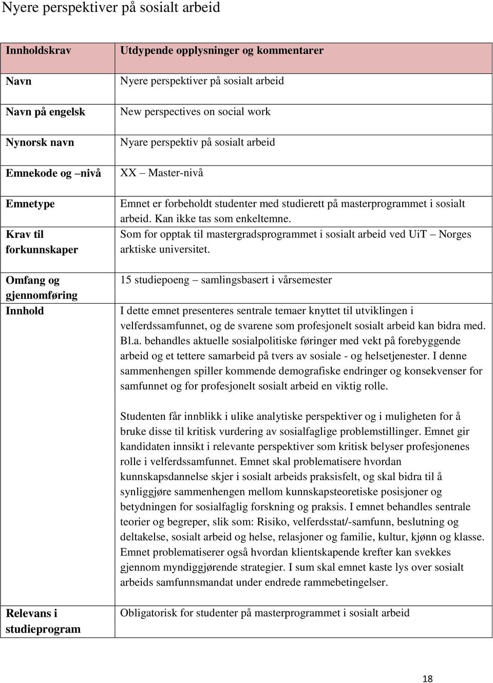 sosialt arbeid. Kan ikke tas som enkeltemne. Som for opptak til mastergradsprogrammet i sosialt arbeid ved UiT Norges arktiske universitet.