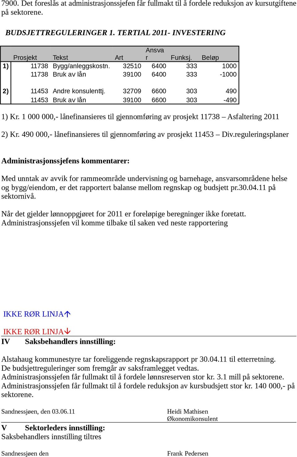 1 000 000,- lånefinansieres til gjennomføring av prosjekt 11738 Asfaltering 2011 2) Kr. 490 000,- lånefinansieres til gjennomføring av prosjekt 11453 Div.