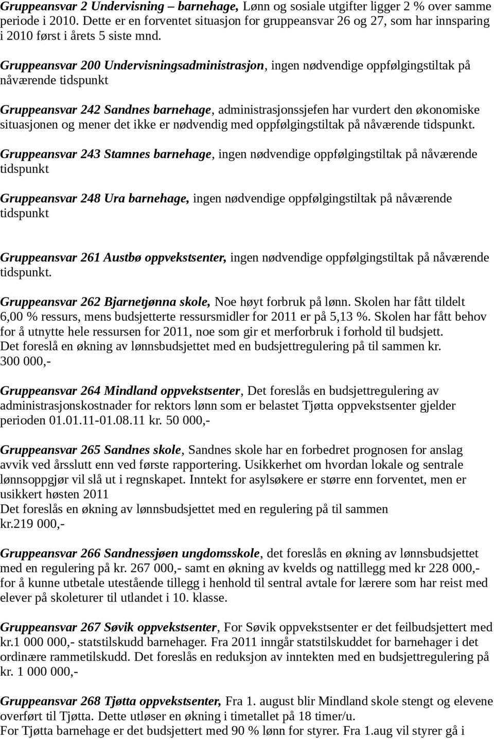 Gruppeansvar 200 Undervisningsadministrasjon, ingen nødvendige oppfølgingstiltak på nåværende Gruppeansvar 242 Sandnes barnehage, administrasjonssjefen har vurdert den økonomiske situasjonen og mener