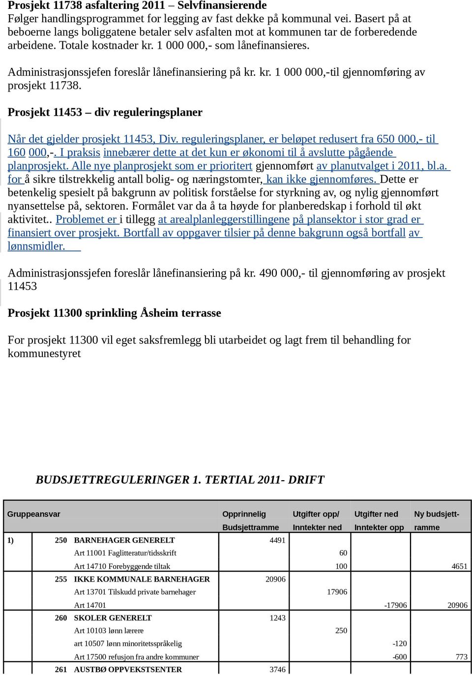 Administrasjonssjefen foreslår lånefinansiering på kr. kr. 1 000 000,-til gjennomføring av prosjekt 11738. Prosjekt 11453 div reguleringsplaner Når det gjelder prosjekt 11453, Div.