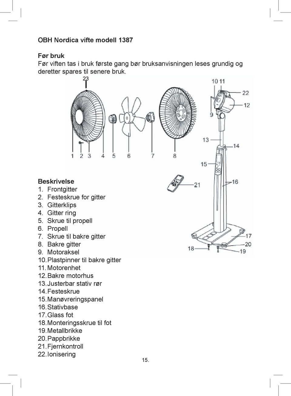 Skrue til bakre gitter 8. Bakre gitter 9. Motoraksel 10. Plastpinner til bakre gitter 11. Motorenhet 12. Bakre motorhus 13.