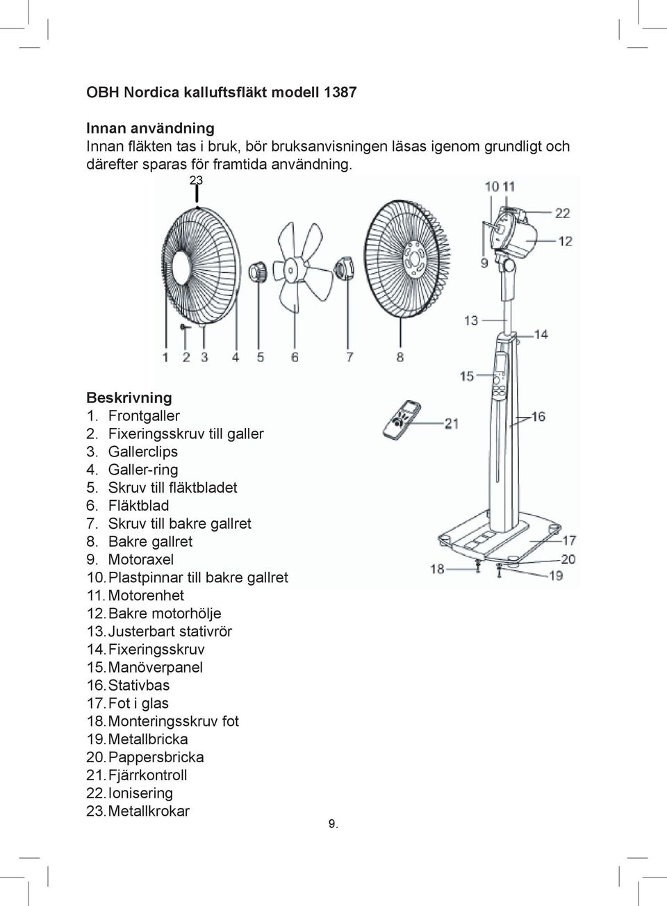 Skruv till bakre gallret 8. Bakre gallret 9. Motoraxel 10. Plastpinnar till bakre gallret 11. Motorenhet 12. Bakre motorhölje 13. Justerbart stativrör 14.