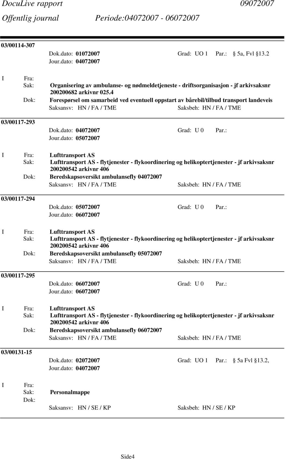 : I Fra: Lufttransport AS Lufttransport AS - flytjenester - flykoordinering og helikoptertjenester - jf arkivsaksnr 200200542 arkivnr 406 Beredskapsoversikt ambulansefly 04072007 Saksansv: HN / FA /