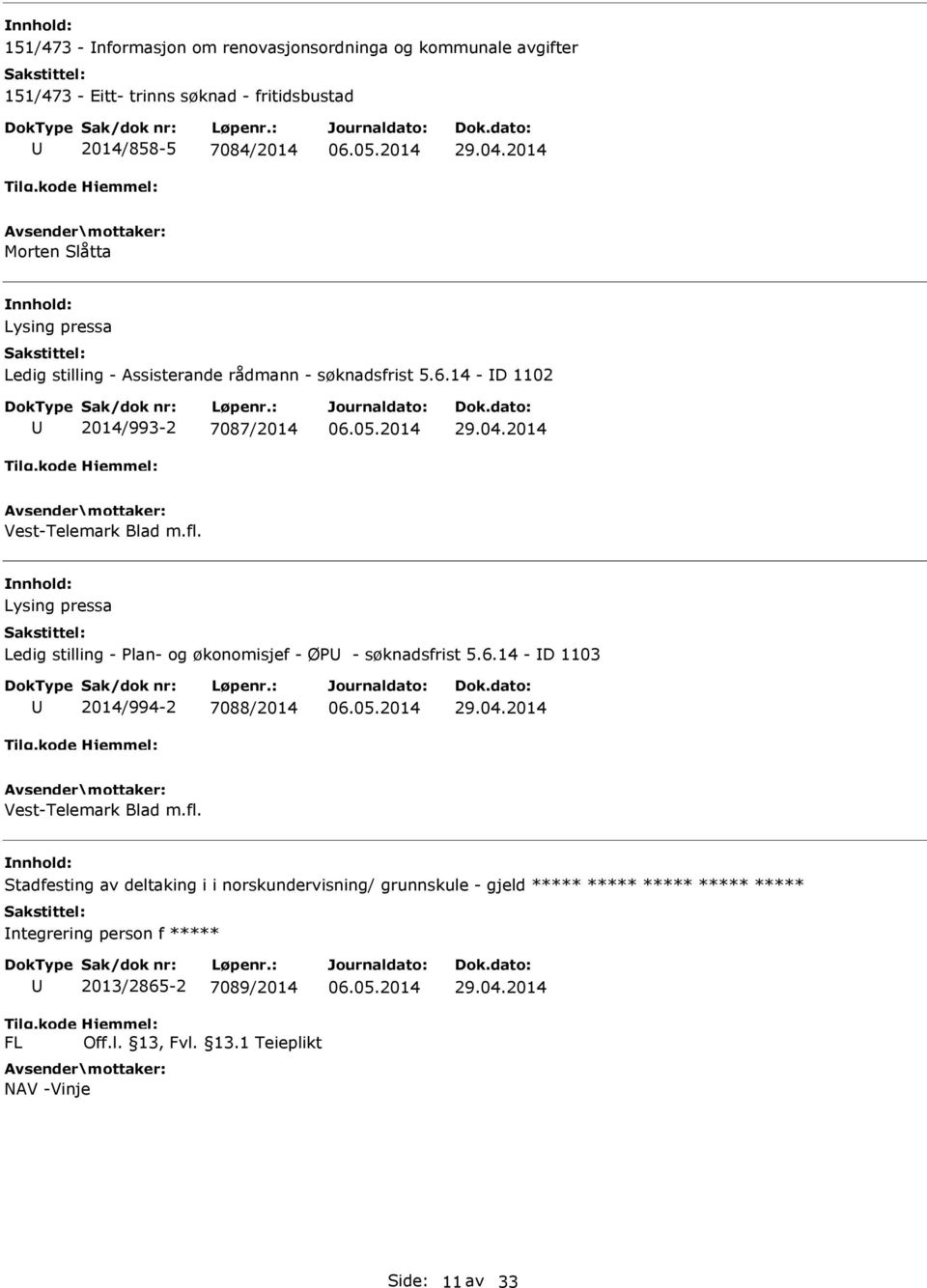 fl. Lysing pressa Ledig stilling - Plan- og økonomisjef - ØP - søknadsfrist 5.6.14 - D 1103 2014/994-2 7088/2014 29.04.2014 Vest-Telemark Blad m.fl. Stadfesting av deltaking i i norskundervisning/ grunnskule - gjeld ntegrering person f FL 2013/2865-2 7089/2014 Off.