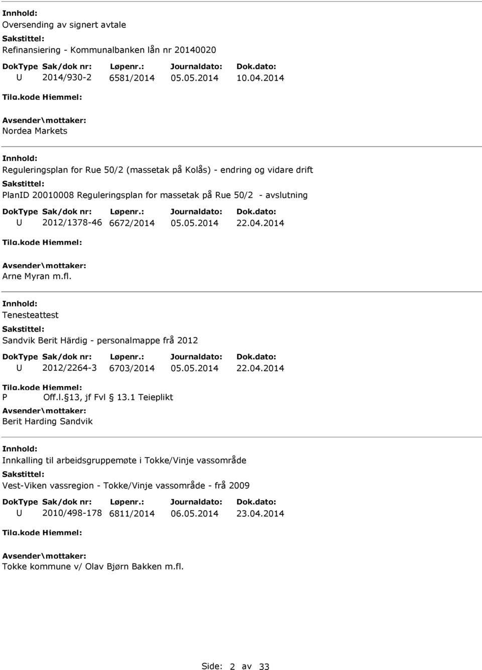 2012/1378-46 6672/2014 22.04.2014 Arne Myran m.fl. Tenesteattest Sandvik Berit Härdig - personalmappe frå 2012 2012/2264-3 6703/2014 22.04.2014 P Off.l. 13, jf Fvl 13.