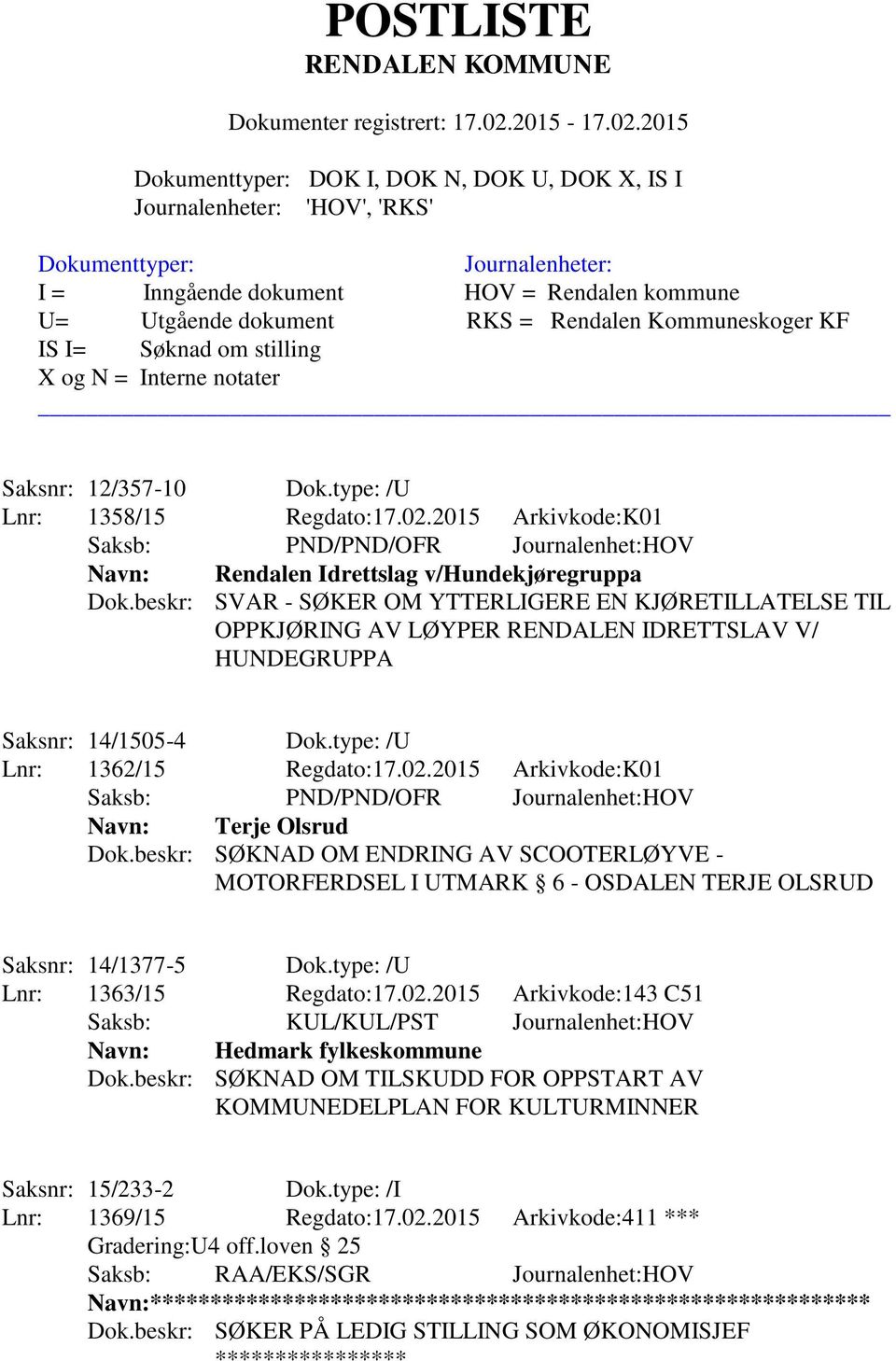 2015 Arkivkode:K01 Navn: Terje Olsrud Dok.beskr: SØKNAD OM ENDRING AV SCOOTERLØYVE - MOTORFERDSEL I UTMARK 6 - OSDALEN TERJE OLSRUD Saksnr: 14/1377-5 Dok.type: /U Lnr: 1363/15 Regdato:17.02.