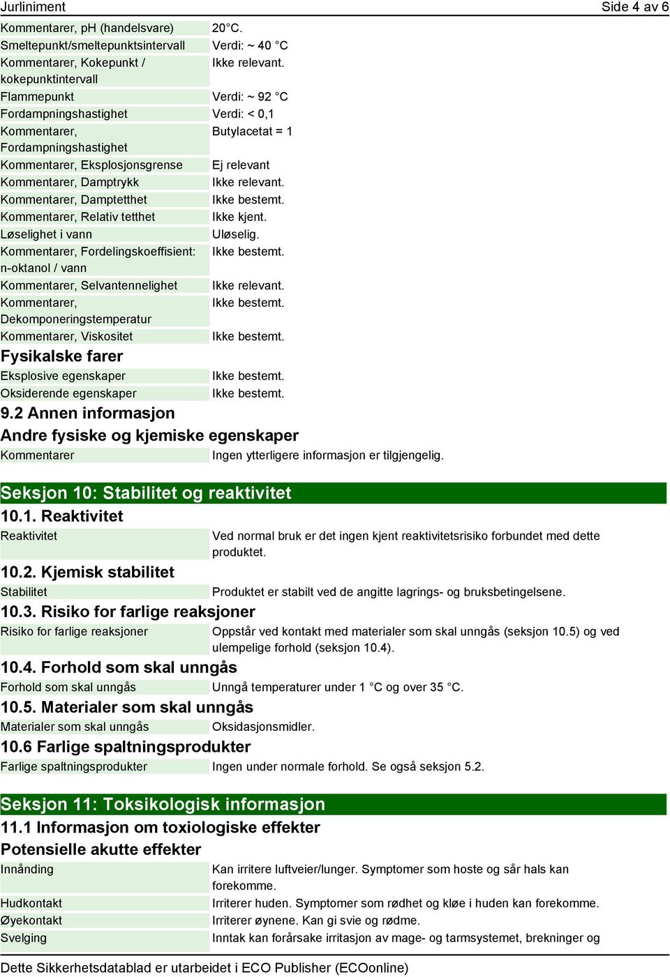 Eksplosjonsgrense Ej relevant er, Damptrykk er, Damptetthet er, Relativ tetthet Ikke kjent. Løselighet i vann Uløselig.