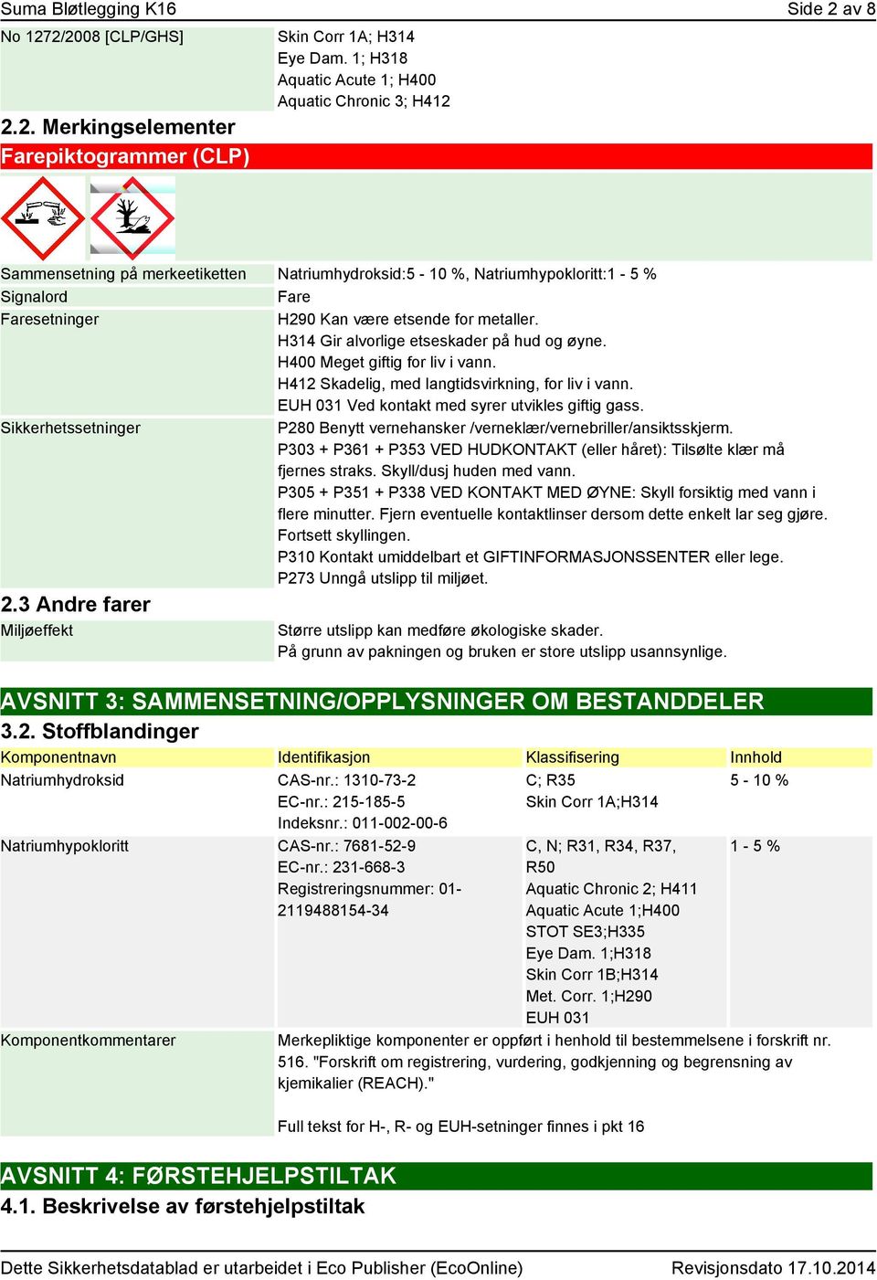 H314 Gir alvorlige etseskader på hud og øyne. H400 Meget giftig for liv i vann. H412 Skadelig, med langtidsvirkning, for liv i vann. EUH 031 Ved kontakt med syrer utvikles giftig gass.