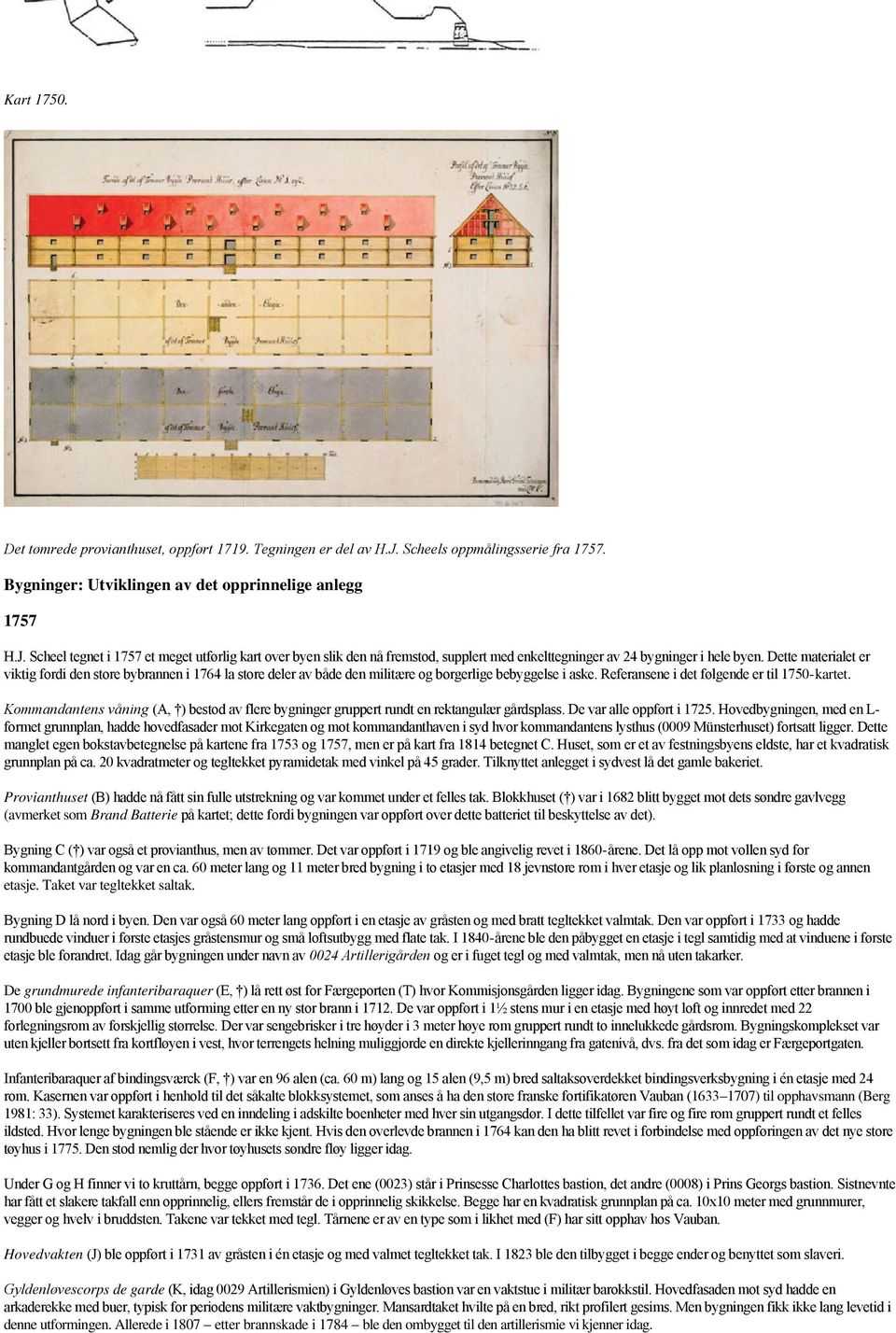 Scheel tegnet i 1757 et meget utførlig kart over byen slik den nå fremstod, supplert med enkelttegninger av 24 bygninger i hele byen.