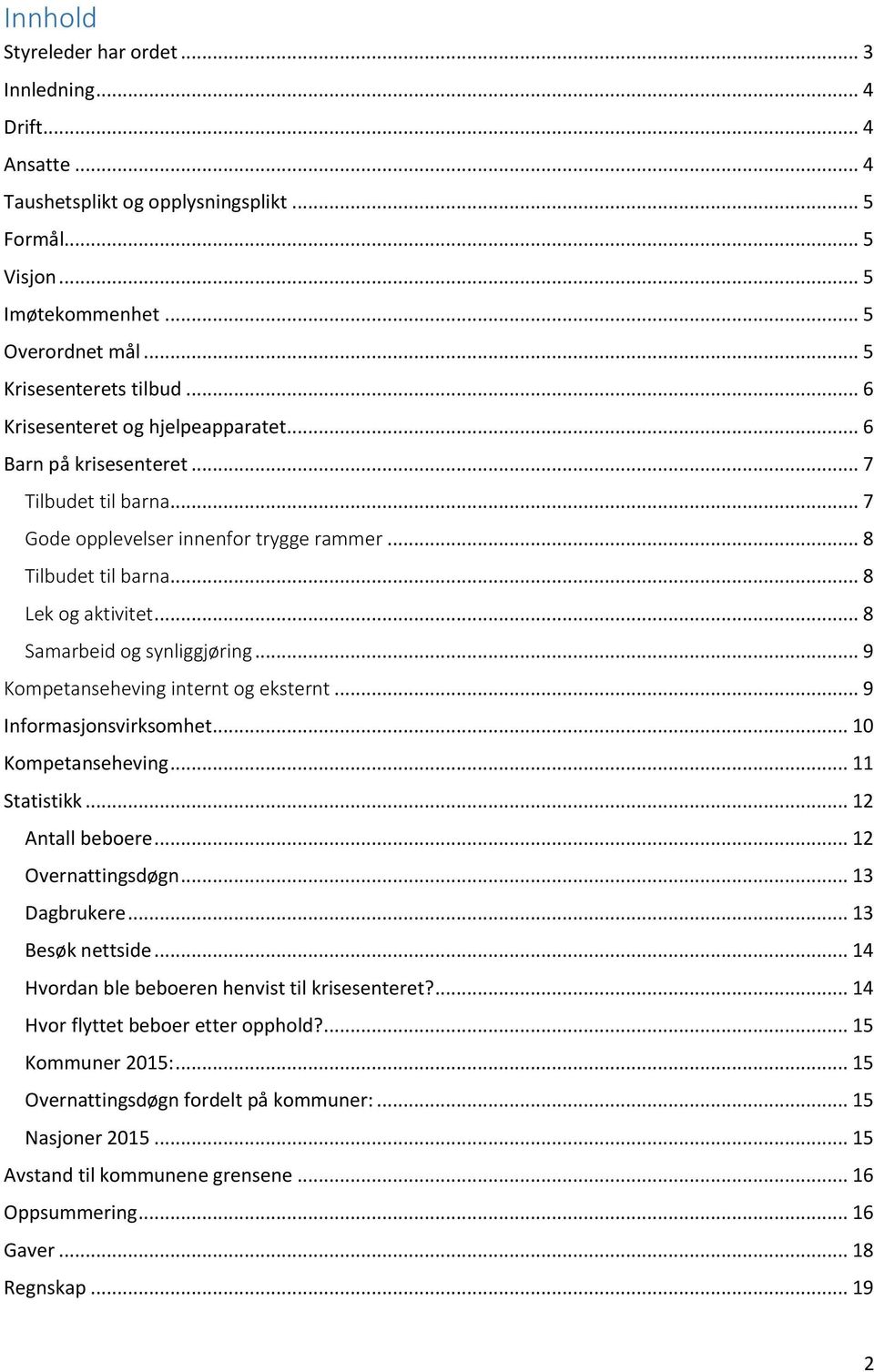 .. 8 Samarbeid og synliggjøring... 9 Kompetanseheving internt og eksternt... 9 Informasjonsvirksomhet... 10 Kompetanseheving... 11 Statistikk... 12 Antall beboere... 12 Overnattingsdøgn.