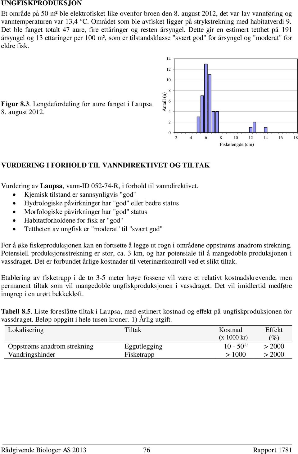 Dette gir en estimert tetthet på 191 årsyngel og 13 ettåringer per 100 m², som er tilstandsklasse "svært god" for årsyngel og "moderat" for eldre fisk. 14 12 10 8 Figur 8.3. Lengdefordeling for aure fanget i Laupsa 8.